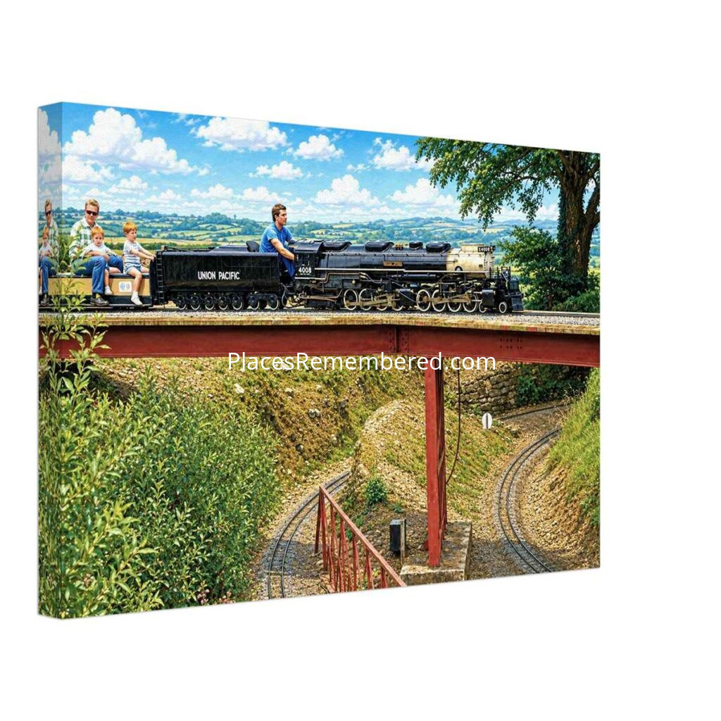 1980s painterly view of Severn Lamb's 7¼-inch gauge Union Pacific Big Boy 4008 William Jeffers crossing a viaduct at the Forest Railroad, Dobwalls, Cornwall - canvas print.