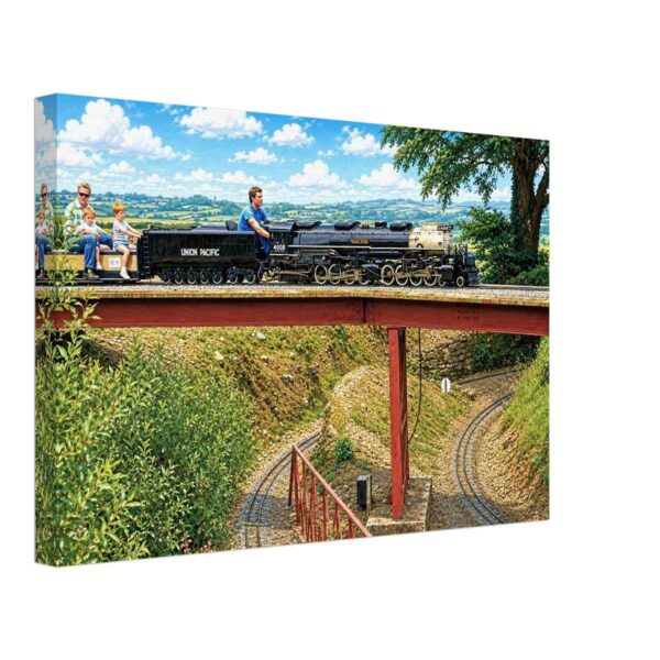 1980s painterly view of Severn Lamb's 7¼-inch gauge Union Pacific Big Boy 4008 William Jeffers crossing a viaduct at the Forest Railroad, Dobwalls, Cornwall - canvas print.