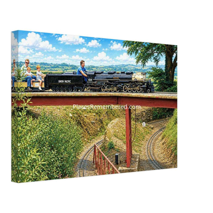 1980s painterly view of Severn Lamb's 7¼-inch gauge Union Pacific Big Boy 4008 William Jeffers crossing a viaduct at the Forest Railroad, Dobwalls, Cornwall - canvas print.