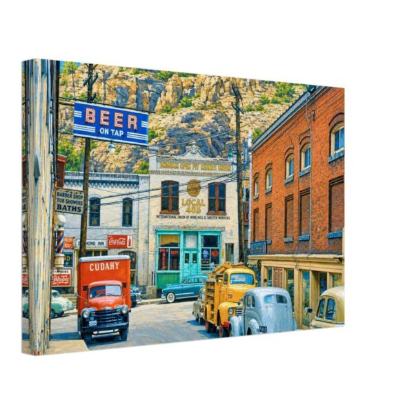 Bingham Canyon, Utah 1950s - Canvas Print Painterly 1950s street scene in Bingham Canyon, Utah, with old storefronts, mining union building, period vehicles, signs and a rocky canyon backdrop.