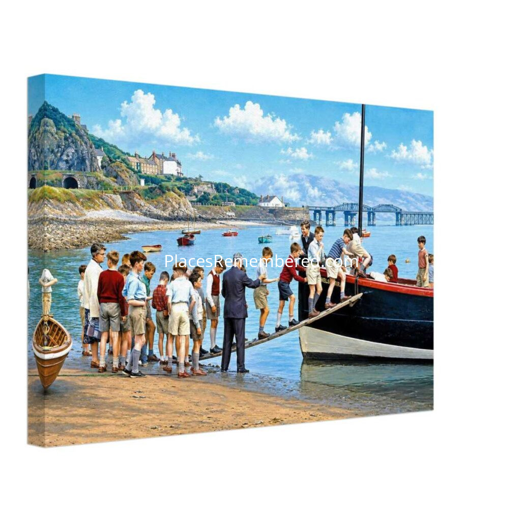 1960s schoolboys boarding the Barmouth Ferry with Barmouth Bridge and the Mawddach Estuary in North Wales, reimagined in a painterly style from a genuine vintage color photograph.