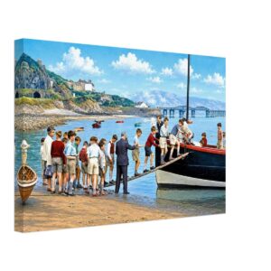 1960s schoolboys boarding the Barmouth Ferry with Barmouth Bridge and the Mawddach Estuary in North Wales, reimagined in a painterly style from a genuine vintage color photograph.