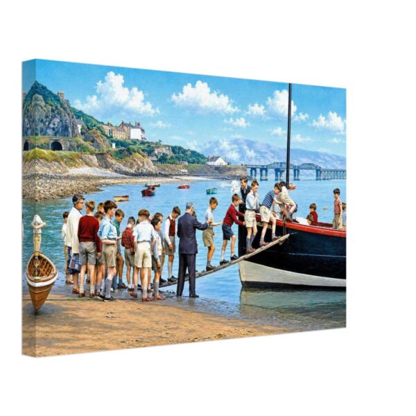 Barmouth Ferry & Barmouth Bridge, Wales 1960s - Canvas Print 1960s schoolboys boarding the Barmouth Ferry with Barmouth Bridge and the Mawddach Estuary in North Wales, reimagined in a painterly style from a genuine vintage color photograph.