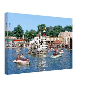 Boating Lake, Battersea Fun Fair, Festival of Britain, London 1951 - Canvas Print Visitors enjoying motor boats on the Boating Lake at Battersea Fun Fair during the Festival of Britain, London 1951 - Canvas Print