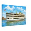 Painterly 1960s view of the Boblo boat SS Columbia on the Detroit River, with passengers, festive bunting, blue water and the Detroit shoreline in the background.