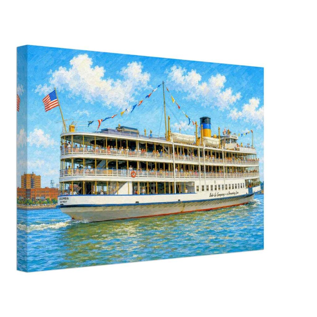 Painterly 1960s view of the Boblo boat SS Columbia on the Detroit River, with passengers, festive bunting, blue water and the Detroit shoreline in the background.