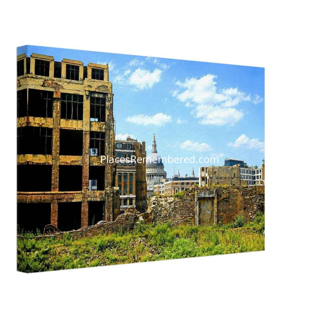1950s view of bomb damage at Cripplegate, London, with St Paul's Cathedral rising beyond the ruined buildings, reimagined in a painterly style from a genuine vintage color photograph.