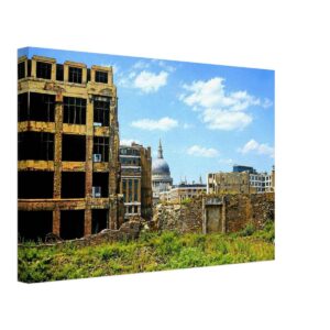 1950s view of bomb damage at Cripplegate, London, with St Paul's Cathedral rising beyond the ruined buildings, reimagined in a painterly style from a genuine vintage color photograph.