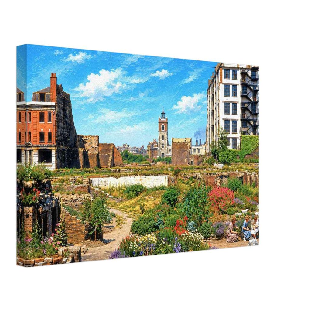 Painterly 1950s view across the bomb-damaged ruins and temporary gardens of Cripplegate toward St Giles’ Church in the City of London, before construction of the Barbican Estate.