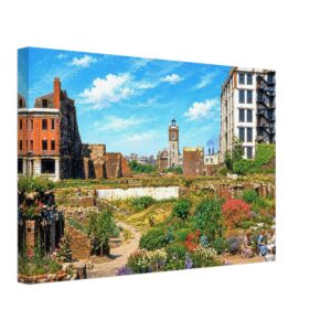 Bomb-Damaged Cripplegate and St Giles’ Church, London 1950s - Canvas Print Painterly 1950s view across the bomb-damaged ruins and temporary gardens of Cripplegate toward St Giles’ Church in the City of London, before construction of the Barbican Estate.