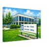 Buick Motor Division Administration Building, Flint, Michigan 1970s - Canvas Print Painterly 1970s view of the Buick Motor Division Administration Building in Flint, Michigan, with GM Buick sign, modern office building, lawn, trees and blue sky.