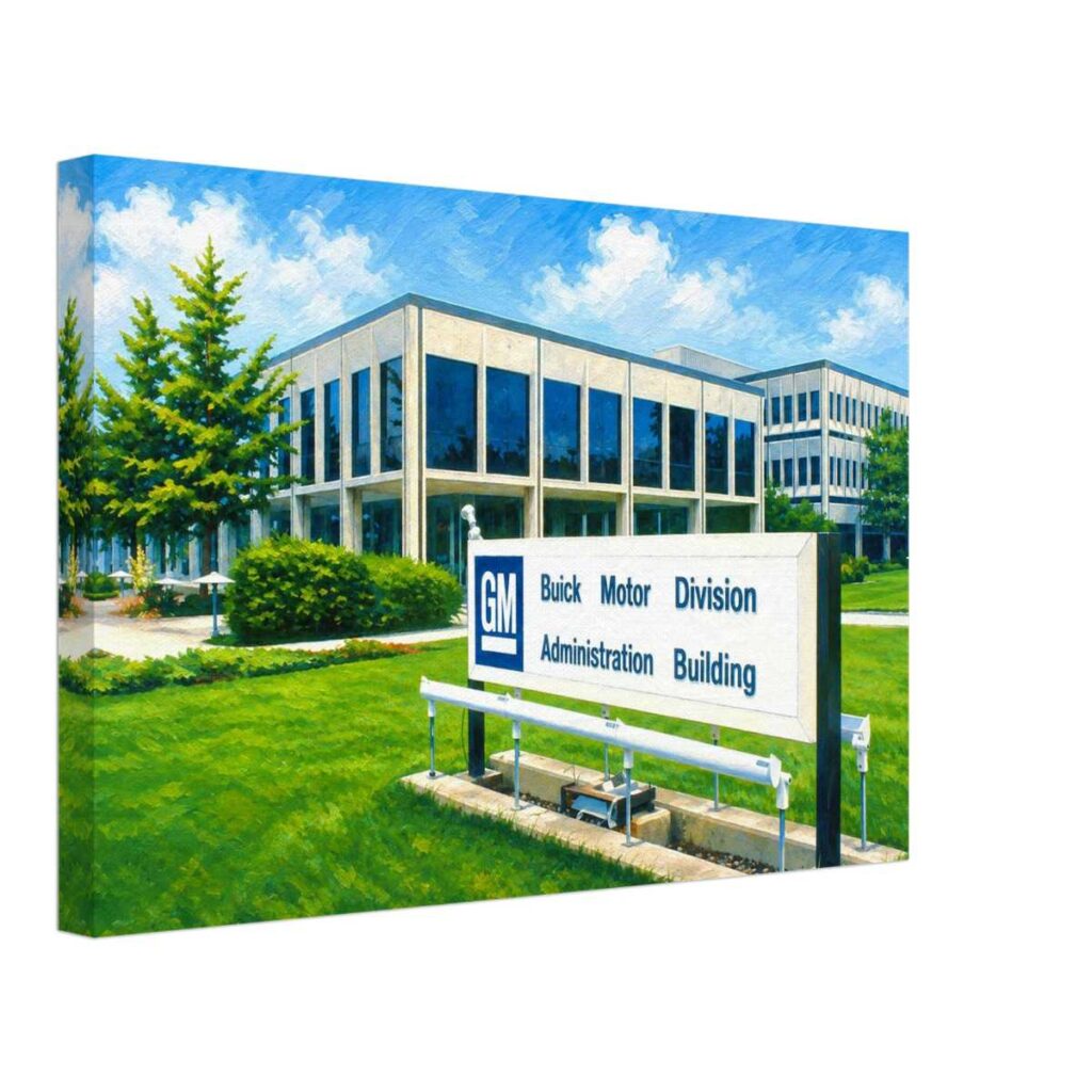 Painterly 1970s view of the Buick Motor Division Administration Building in Flint, Michigan, with GM Buick sign, modern office building, lawn, trees and blue sky.