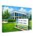 Painterly 1970s view of the Buick Motor Division Administration Building in Flint, Michigan, with GM Buick sign, modern office building, lawn, trees and blue sky.