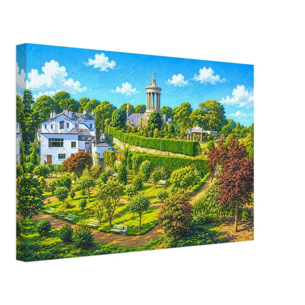 1970s painterly view of the Burns Monument and Memorial Gardens, Alloway, Scotland - canvas print.