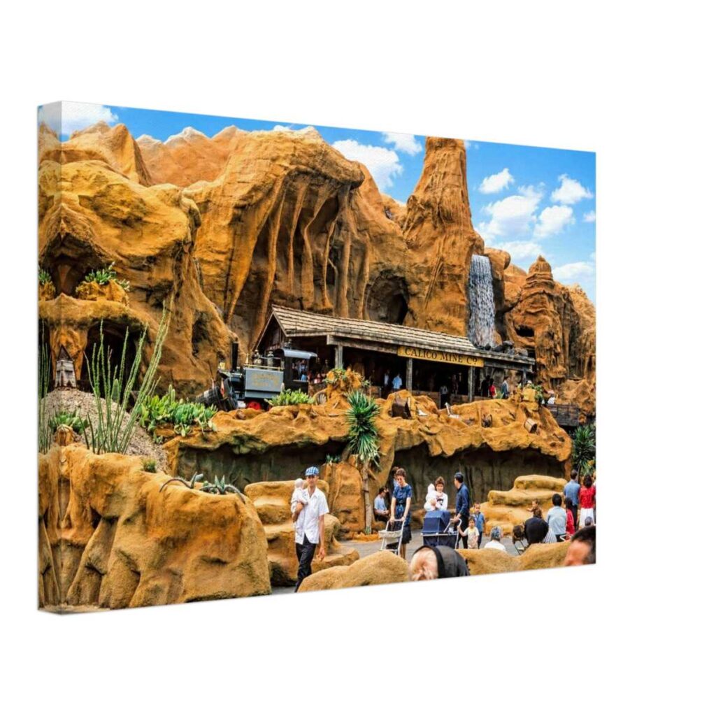 1960s view of the Calico Mine Ride at Knott's Berry Farm, California, reimagined in a painterly style from a genuine vintage color photograph.