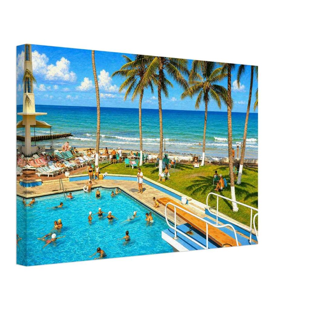 Painterly 1960s view of the Caribbean Hotel in Miami Beach, Florida, with an oceanfront swimming pool, diving boards, palm trees, sunbathers and the Atlantic Ocean.