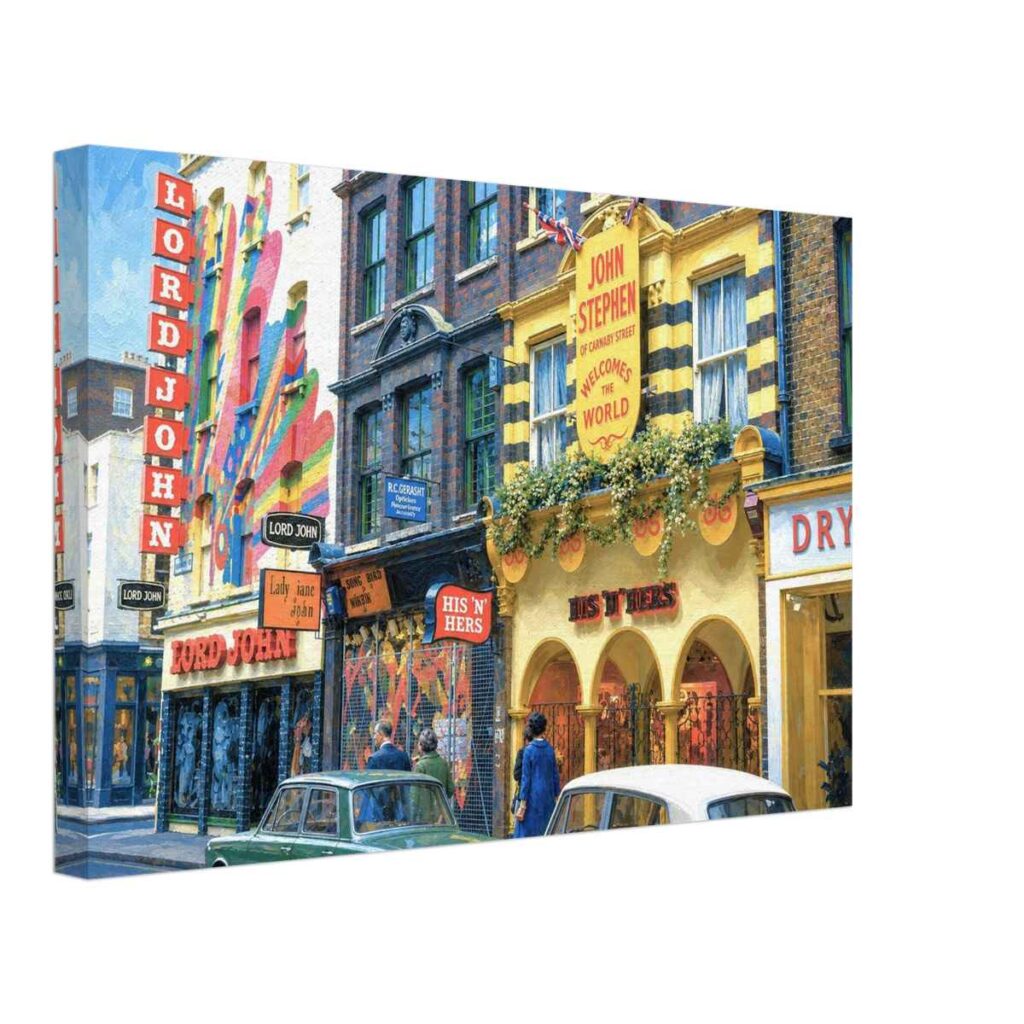 Painterly 1960s view of Carnaby Street in London, with colorful fashion shopfronts, Lord John, His ’n’ Hers, pedestrians and period cars.