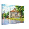 Carnegie Library, Flint, Michigan 1960s – Canvas Print Painterly 1960s view of the Carnegie Library on E Kearsley Street in Flint, Michigan, with wet pavement, period cars, street sign and civic building.