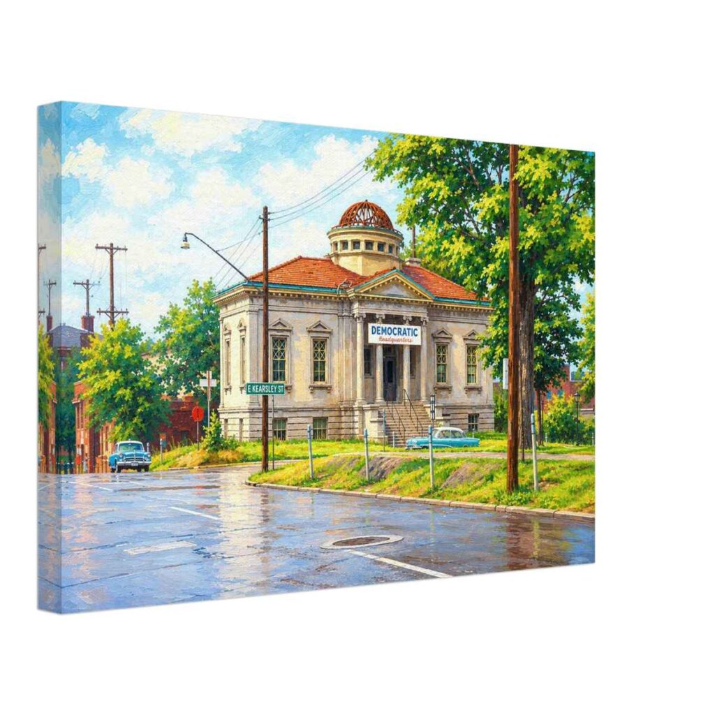 Painterly 1960s view of the Carnegie Library on E Kearsley Street in Flint, Michigan, with wet pavement, period cars, street sign and civic building.