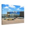 1960s view of Carson Pirie Scott & Co. at Randhurst Mall in Mount Prospect, Illinois, with classic American cars in the parking lot, reimagined in a painterly style from a genuine vintage color photograph.