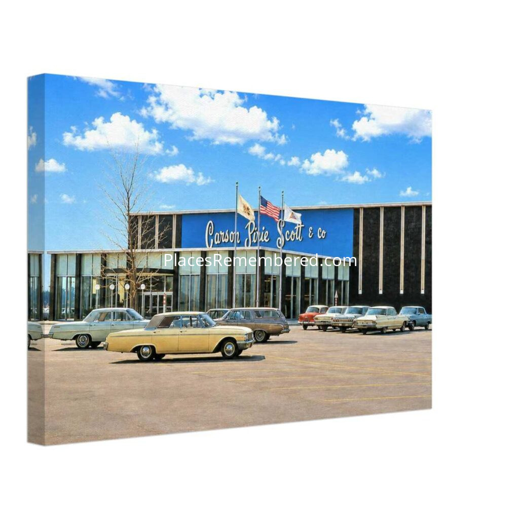 1960s view of Carson Pirie Scott & Co. at Randhurst Mall in Mount Prospect, Illinois, with classic American cars in the parking lot, reimagined in a painterly style from a genuine vintage color photograph.