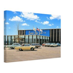 1960s view of Carson Pirie Scott & Co. at Randhurst Mall in Mount Prospect, Illinois, with classic American cars in the parking lot, reimagined in a painterly style from a genuine vintage color photograph.