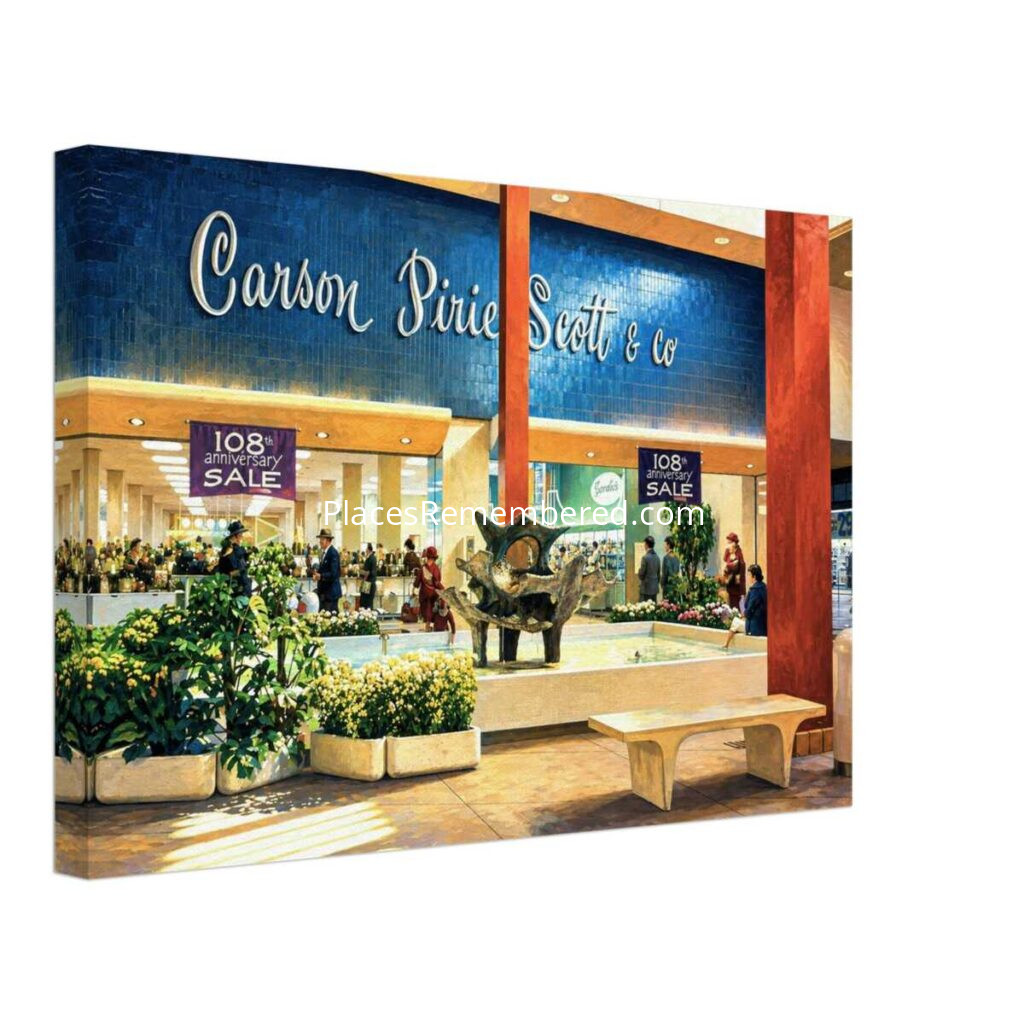 1960s Carson Pirie Scott & Co. department store at Randhurst Mall in Mount Prospect, Illinois, featuring the landscaped fountain and modern sculpture, reimagined in a painterly style from a genuine vintage color photograph.