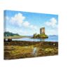 Painterly 1970s view of Castle Stalker on Loch Laich in Argyll, Scotland, with the island tower house, rocky shore, blue water and distant hills.