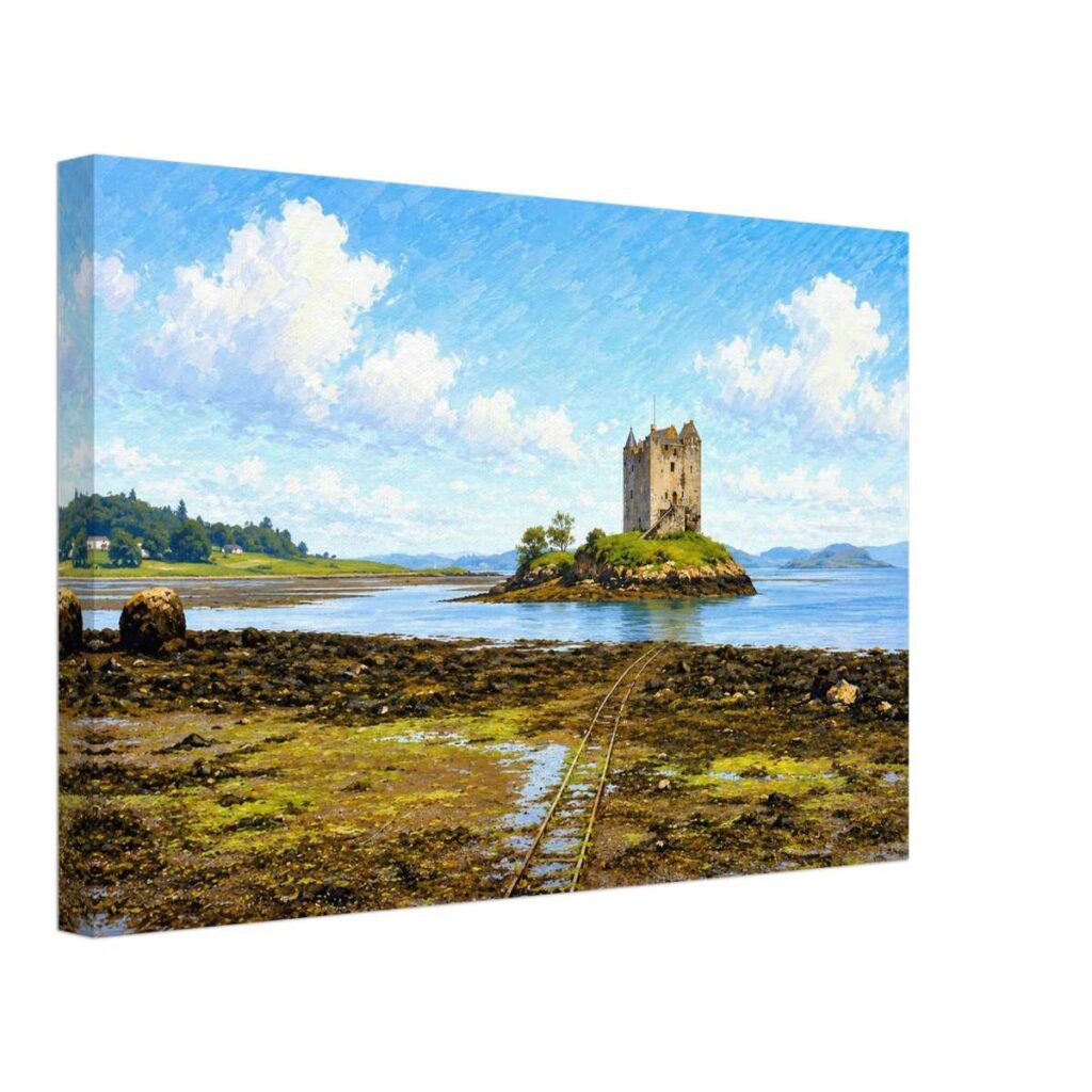 Painterly 1970s view of Castle Stalker on Loch Laich in Argyll, Scotland, with the island tower house, rocky shore, blue water and distant hills.