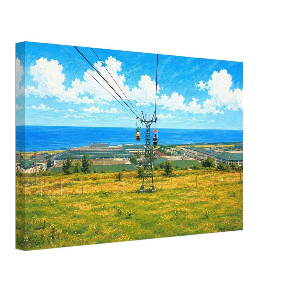 1980s painterly view of the chairlift at Butlin's Holiday Camp, Ayr, Scotland overlooking the resort and the Firth of Clyde - canvas print.