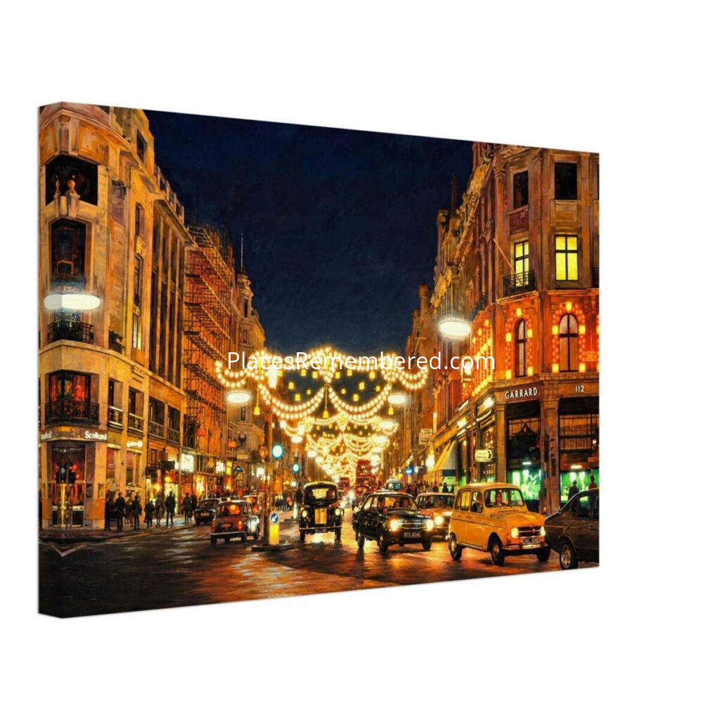 1970s view of Regent Street in London illuminated with festive Christmas lights, featuring classic red double-decker buses, black cabs, and busy evening shoppers, reimagined in a painterly style from a genuine vintage color photograph.