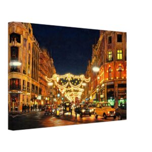 1970s view of Regent Street in London illuminated with festive Christmas lights, featuring classic red double-decker buses, black cabs, and busy evening shoppers, reimagined in a painterly style from a genuine vintage color photograph.