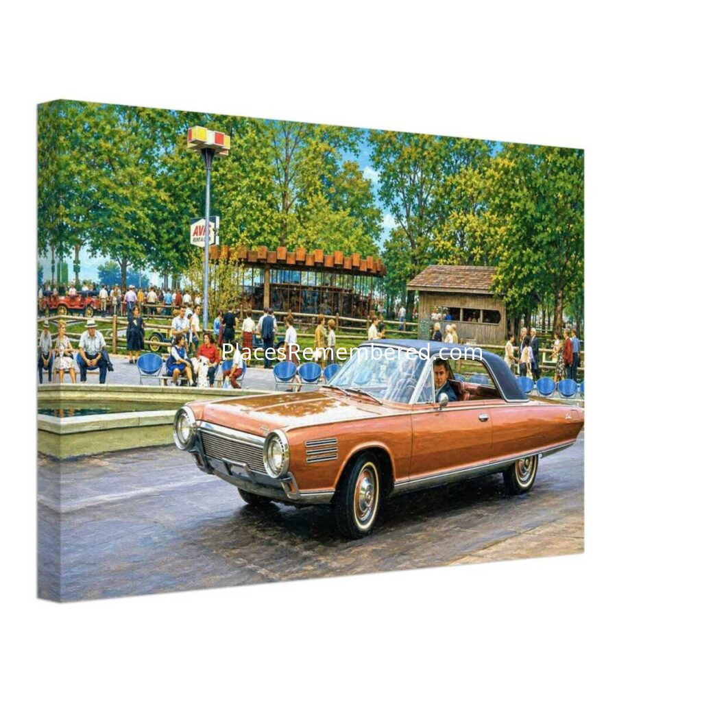 1960s view of the Chrysler Turbine Car at the 1964 New York World's Fair, with crowds, fairground attractions, and the futuristic bronze coupe in the foreground, reimagined in a painterly style from a genuine vintage color photograph.