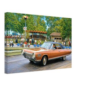 1960s view of the Chrysler Turbine Car at the 1964 New York World's Fair, with crowds, fairground attractions, and the futuristic bronze coupe in the foreground, reimagined in a painterly style from a genuine vintage color photograph.
