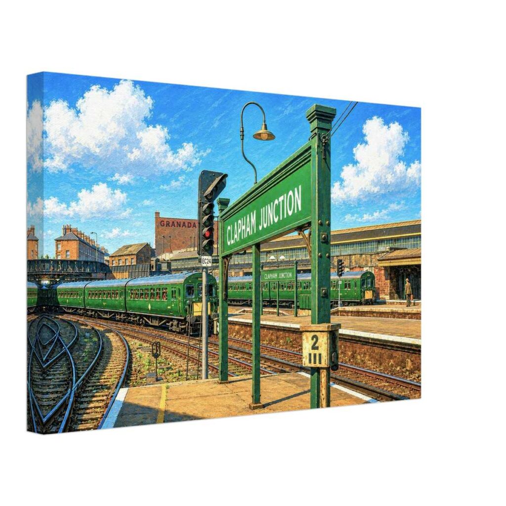 Painterly 1960s view of Clapham Junction station in London, with green trains, railway tracks, signals and a large platform sign.