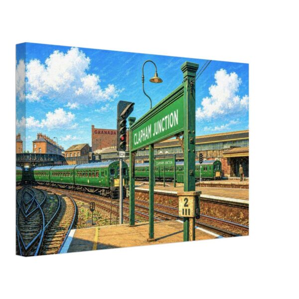 Clapham Junction Station, London 1960s – Canvas Print Painterly 1960s view of Clapham Junction station in London, with green trains, railway tracks, signals and a large platform sign.
