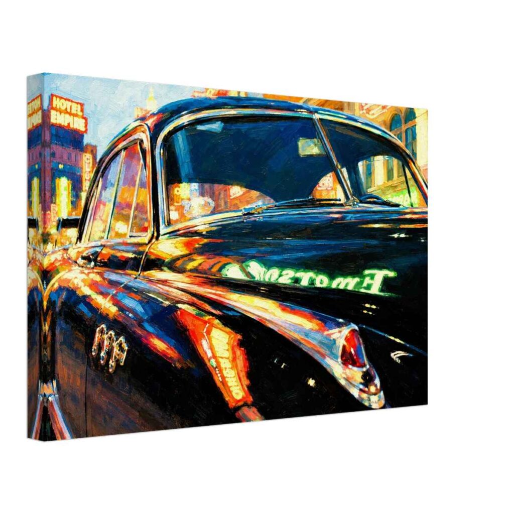 Painterly 1960s night view of a classic American car in New York City, with neon hotel signs and city lights reflected across the dark bodywork.