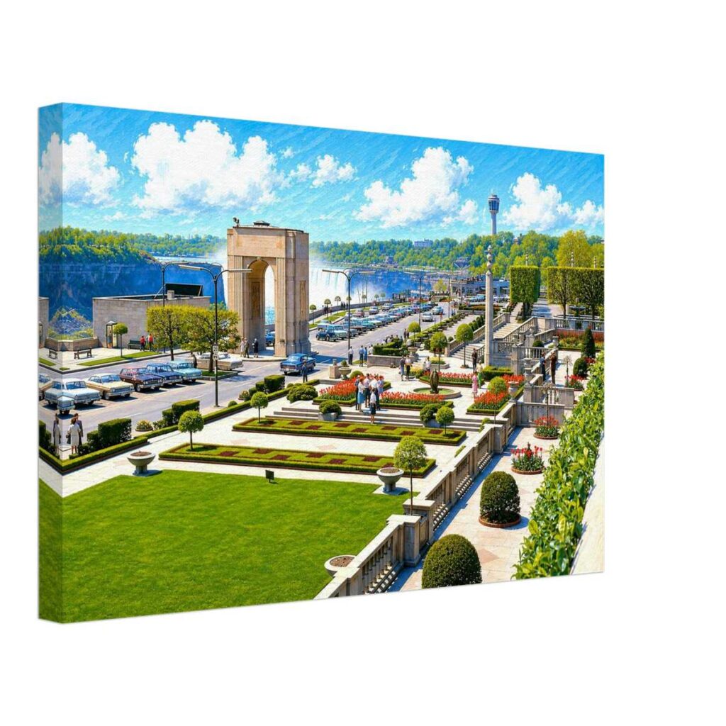 Painterly 1960s view of the Clifton Memorial Arch at Niagara Falls, Canada, with gardens, period cars, visitors, the falls and the Skylon Tower.