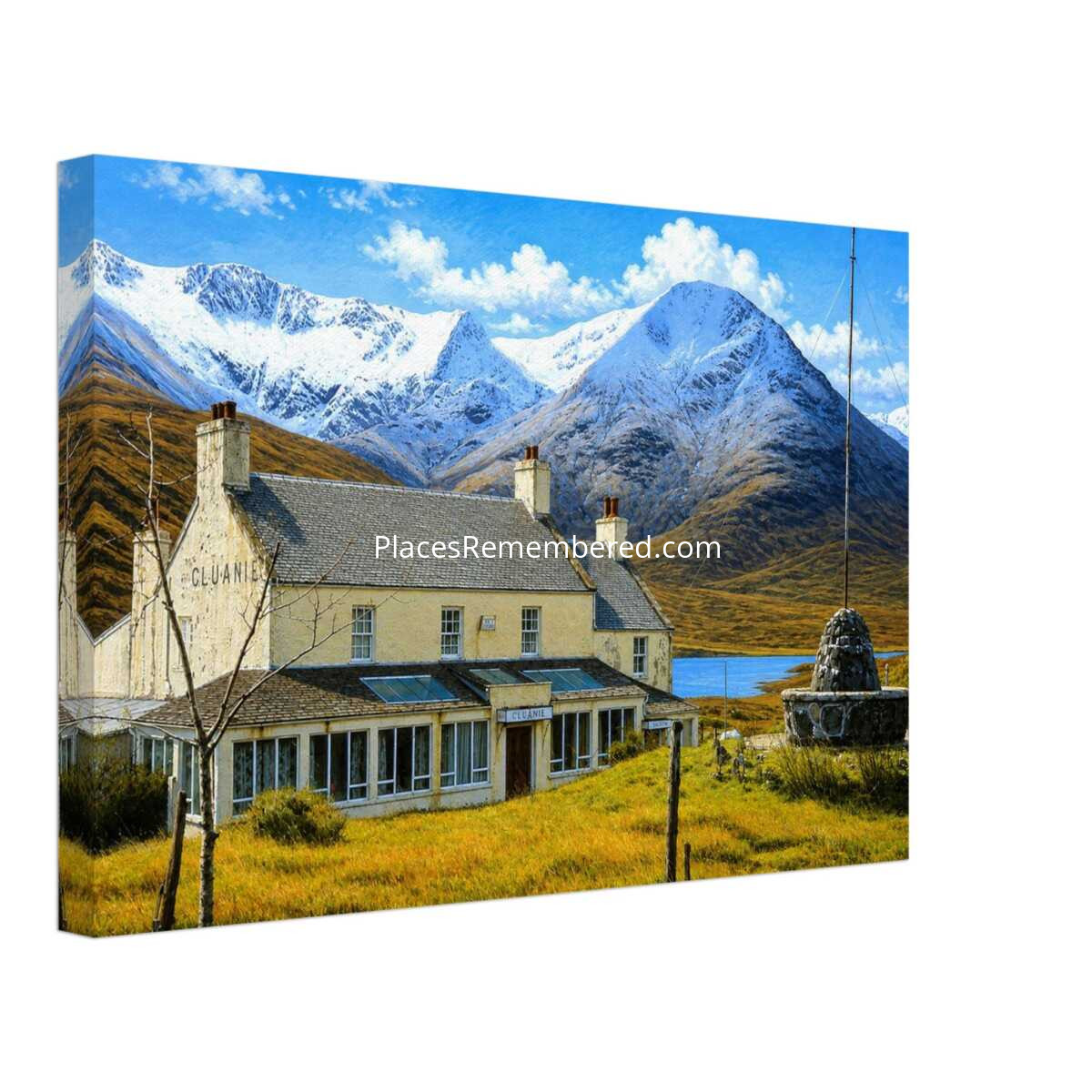 1970s view of the Cluanie Inn beside Loch Cluanie in the Scottish Highlands, with snow-capped mountains towering behind the historic hotel, reimagined in a painterly style from a genuine vintage color photograph.