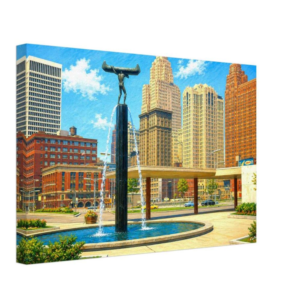Spirit of Transportation fountain at Cobo Hall, downtown Detroit, 1960s wall art - Canvas Print