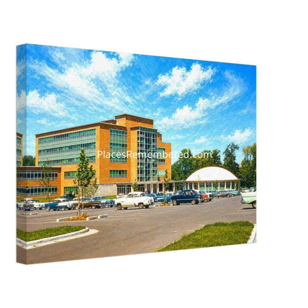 1950s view of the College of Education at Michigan State University in East Lansing, showing the modern academic building, classic American cars, and landscaped campus, reimagined in a painterly style from a genuine vintage color photograph.