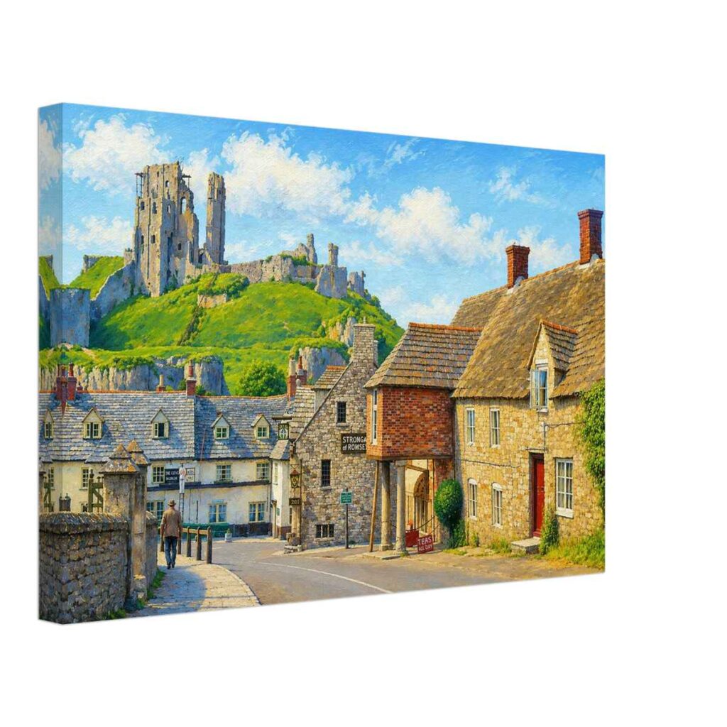 Painterly 1960s view of Corfe Castle in Dorset, with village cottages, stone buildings, a quiet street and the ruined castle on the hill above.