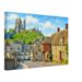 Painterly 1960s view of Corfe Castle in Dorset, with village cottages, stone buildings, a quiet street and the ruined castle on the hill above.