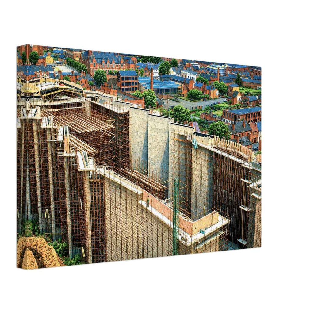 1950s painterly view of Coventry Cathedral under construction, England surrounded by scaffolding during rebuilding after the Second World War - canvas print.