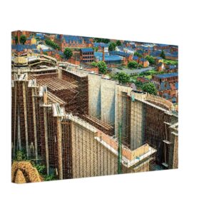 1950s painterly view of Coventry Cathedral under construction, England surrounded by scaffolding during rebuilding after the Second World War - canvas print.