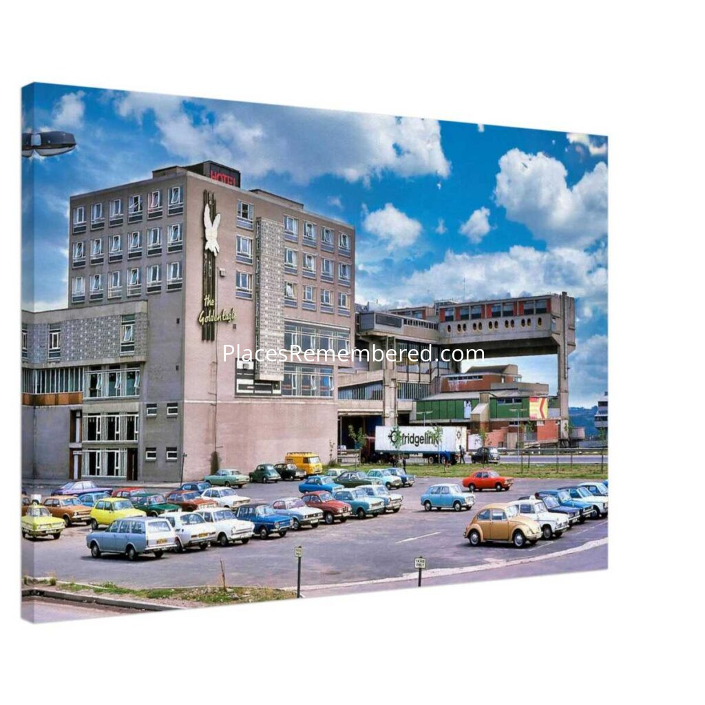 1970s view of Cumbernauld Town Centre in Scotland, featuring the Golden Eagle Hotel, the futuristic shopping centre and a parking lot filled with classic British cars, reimagined in a painterly style from a genuine vintage color photograph.