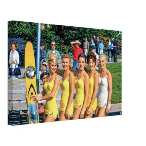 Cypress Gardens Water Skiers, Florida 1960s - Canvas Print Painterly 1960s view of five female water skiers at Cypress Gardens, Florida, wearing coordinated swimsuits and posing beside a yellow Cypress Gardens water ski.
