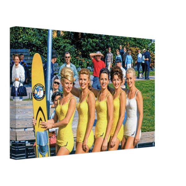 Cypress Gardens Water Skiers, Florida 1960s - Canvas Print Painterly 1960s view of five female water skiers at Cypress Gardens, Florida, wearing coordinated swimsuits and posing beside a yellow Cypress Gardens water ski.