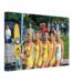 Painterly 1960s view of five female water skiers at Cypress Gardens, Florida, wearing coordinated swimsuits and posing beside a yellow Cypress Gardens water ski.