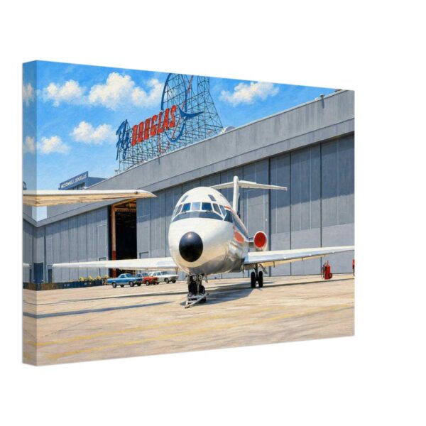 DC-9 at McDonnell Douglas, Long Beach, California 1970s - Canvas Print Painterly 1970s view of a McDonnell Douglas DC-9 aircraft outside the Douglas facility in Long Beach, California, with hangars, signage, service equipment and vintage cars.